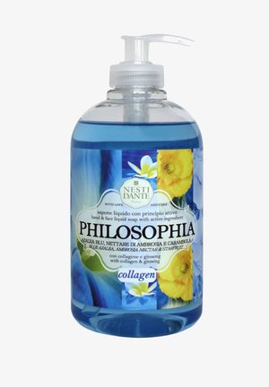 Pumpflasche mit blauem Flüssigseife für Hände und Gesicht, beschriftet mit "Philosophia" und mit Kollagen und Ginseng, verziert mit blauen und gelben Blumen.