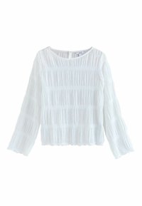 White long-sleeve blouse made of textured fabric with vertical pleats. Features a round neckline and a keyhole back closure.