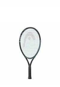 Zwarte tennisracket met een ronde kop, blauwe snaren en een gestructureerde zwarte grip. Heeft een slank, aerodynamisch ontwerp.