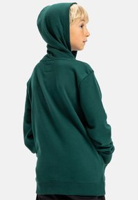Zelená mikina s kapucí vyrobená z měkké směsi bavlny, s volným střihem, žebrovanými manžetami a obdélníkovou nášivkou na zadní straně.