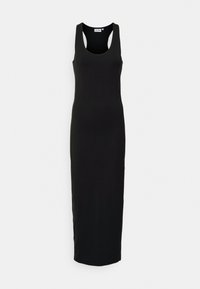 Robe maxi noire, côtelée, sans manches, avec un col arrondi et des détails découpés aux épaules, conçue pour une silhouette ajustée.