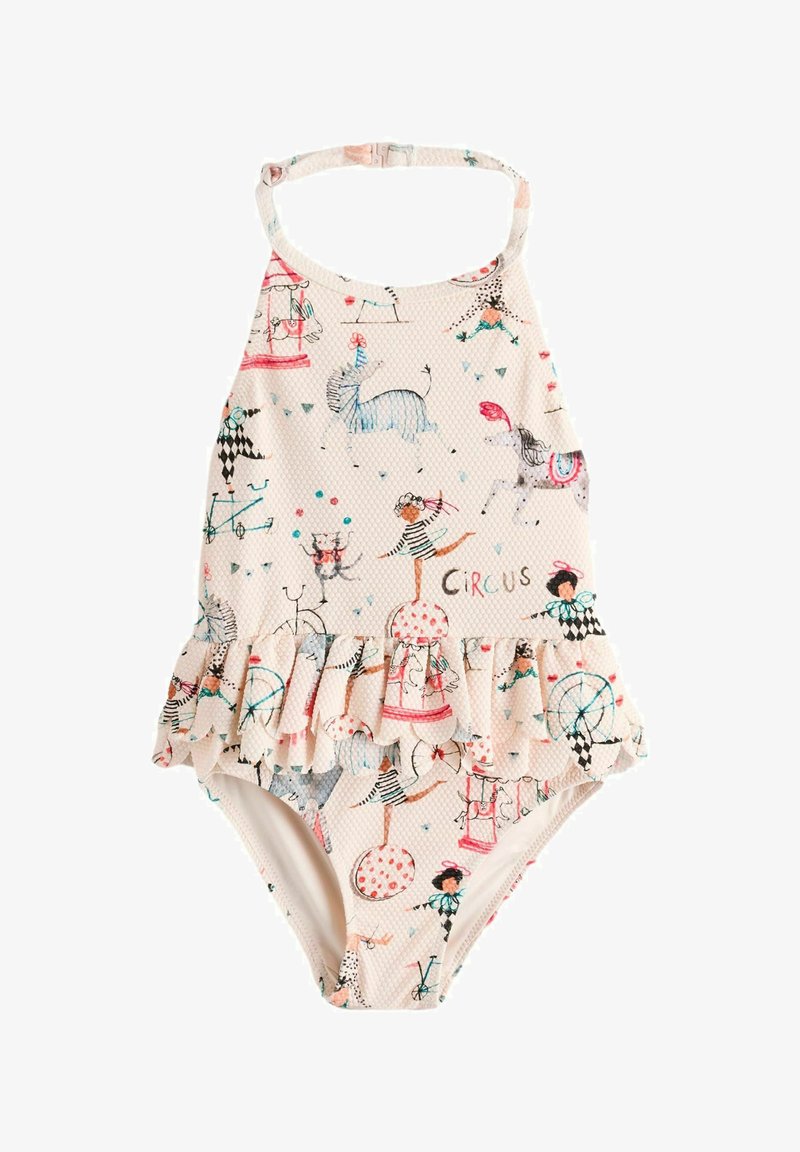 Strój kąpielowy dla dziewczynek wyróżnia się różowym, strukturalnym materiałem z falbaną, prezentującym kolorowe ilustracje w tematyce cyrkowej oraz halterowym dekoltem.