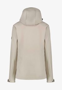 Beige waterdichte jas met capuchon, met een gladde textuur, rechte snit en knopenaccenten op de mouwen. Achteraanzicht getoond.