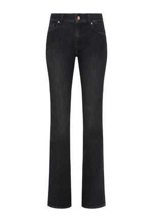 Czarne dżinsy denimowe o prostym kroju nogawki. Posiadają pięć kieszeni, zamek z przodu oraz detale szwów w pasie i na dolnym brzegu.