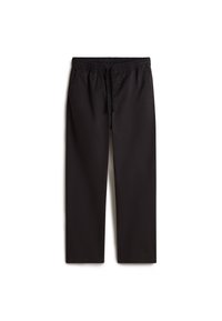 Pantalon noir en tissu lisse, avec une taille élastique et un cordon de serrage, des poches latérales, et une coupe droite.