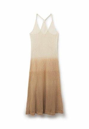 Sleeveless beige to brown ombre knit dress with V-neck and crisscross straps, midi length, and a slightly flared hem.