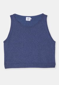 Mørkeblå cropped tank topp laget av teksturert stoff med rund hals og ribbede kanter. Merke på innsiden av halsen.