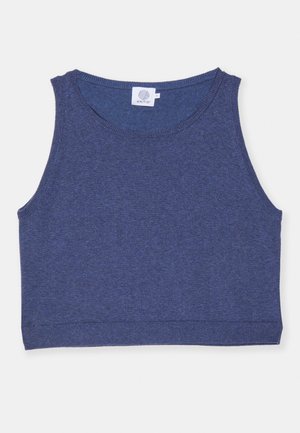 Top corto blu scuro realizzato in tessuto testurizzato, con scollatura rotonda e bordi a costine. Etichetta all'interno della scollatura.