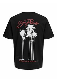 Juodas medvilnės marškinėlis su baltais palmės medžių grafika ir raudonais užrašais "San Franciskas" ir "Auksinių vartų parkas" ant nugaros.