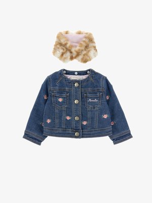 Jeansjacke für Kleinkinder mit pinker Blumenstickerei, Monnalisa-Logo auf der Brusttasche und abnehmbarem beigen Kunstpelzkragen.