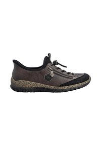 Baskets décontractées marron foncé avec embout noir, fermeture éclair latérale, lacet élastique et semelle texturée, vues de l'extérieur.