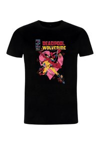Czarny bawełniany t-shirt z kolorowym nadrukiem Deadpoola i Wolverinea, z różowym sercem i komiksowym napisem.