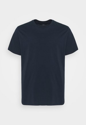 Tricou din bumbac bleumarin, cu mâneci scurte, decolteu rotund, margine dreaptă, textură netedă și fără modele sau detalii hardware vizibile.