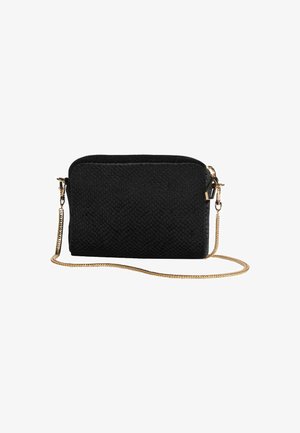 Schwarze gewebte Handtasche in rechteckiger Form, mit Reißverschluss und einer Kette aus vergoldetem Metall. Verfügt über eine strukturierte Oberfläche und ein elegantes Design.