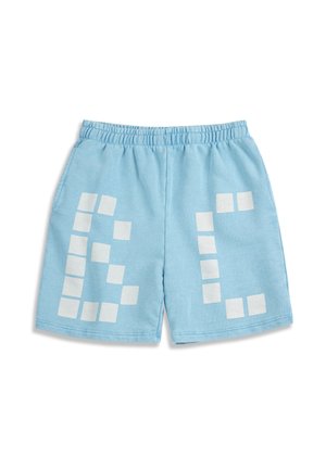 Pantaloncini a vita elasticizzata azzurri con motivi a quadrati bianchi che formano forme astratte sui lati anteriori.