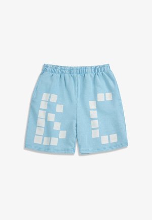 Pantaloncini a vita elasticizzata azzurri con motivi a quadrati bianchi che formano forme astratte sui lati anteriori.