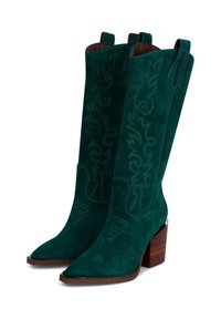 Zielone zamszowe kowbojki z ostro zakończonym noskiem, dekoracyjnym haftem, uchwytami i piętą o warstwie. Teksturowana powierzchnia i elegancki design.
