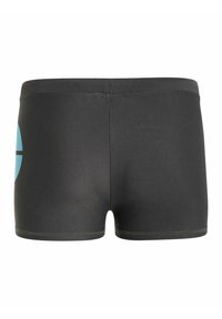 Juodos maudymosi šortai su lygiu paviršiumi, ant kairiojo šono esantis didelis šviesiai mėlynas apvalus logotipas ir kontrastinga žalia siūlė.