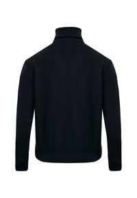 Sudadera negra de cuello con cremallera y mangas largas, fabricada con tejido suave. Presenta un dobladillo y puños ajustados, sin logotipos ni patrones visibles.