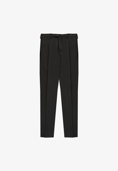 Schwarze Hosen aus glattem Stoff, mit flacher Vorderseite, zwei Falten, Knopfverschluss, Gürtelschlaufen und taillierter, gerader Beinform.