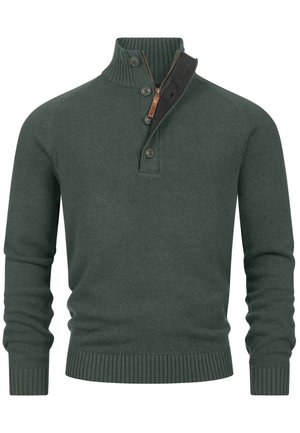 Sudadera de color verde oscuro con un cuello alto, cierre de media cremallera y tres botones. Puños y dobladillo acanalados, hecha de un material de punto suave.