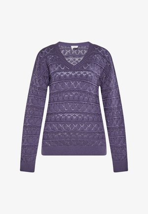 Fioletowy sweter dzianinowy z dekoltem w kształcie litery V, z teksturowanymi wzorami i misternymi detalami ażurowymi, długimi rękawami oraz ściągaczami przy mankietach i dolnej części.