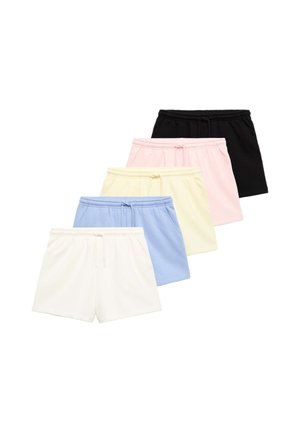 Fünf Paare lässige Shorts mit Kordelzug in Schwarz, Pink, Gelb, Blau und Weiß, in einem versetzten, überlappenden Layout angeordnet.