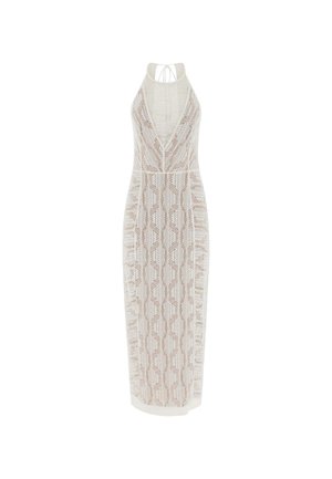 Knit midi dress in light beige with a deep V-neck, halter straps, and geometric lace pattern. Fitted silhouette with a straight hem.