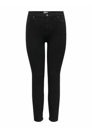 Women's black slim-fit jeans with front button and zipper, five pockets, and belt loops, shown front-facing on white background.