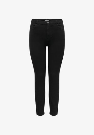 Čierne dámske slim-fit rifle s predným gombíkom a zipsom, päť vreciek a pútka na opasok, zobrazené z predu na bielom pozadí.
