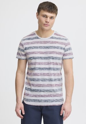 Striped short-sleeve t-shirt in light fabric, featuring wide horizontal stripes in purple, blue, and white. Round neckline, relaxed fit.