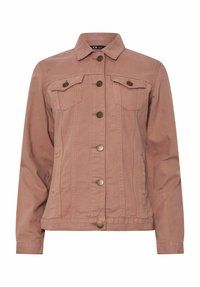 Veste en denim rose clair avec un col, fermée par des boutons à l'avant, deux poches poitrine et des finitions en métal doré. Présente une texture. 