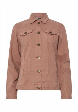 Light pink denim jacket with a collared neckline, button front, two chest pockets, and gold-tone hardware. Features a textured finish.