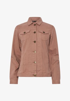 Vaaleanpunainen farkkutakki, jossa on kauluksellinen kaula-aukko, napitettu etuosa, kaksi rintataskua ja kultasävyiset yksityiskohdat. Sisältää teksturoidun pinnan.