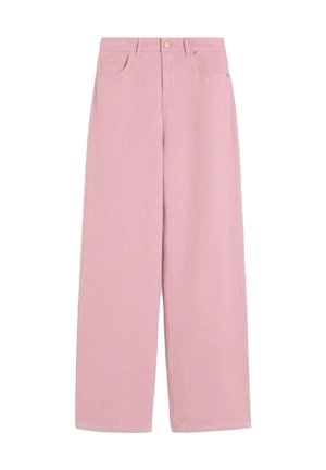 Pantaloni a vita alta, gamba larga, in rosa pastello tinta unita con tasche frontali e chiusura con bottone in vita.