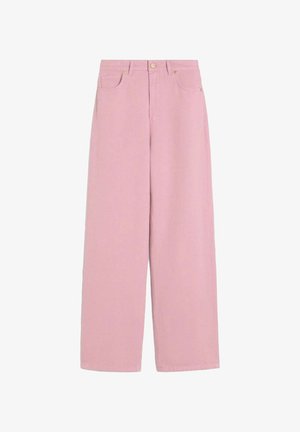 Broek met hoge taille en wijde pijpen in effen pastelroze met voorzakken en een knoopsluiting in de taille.