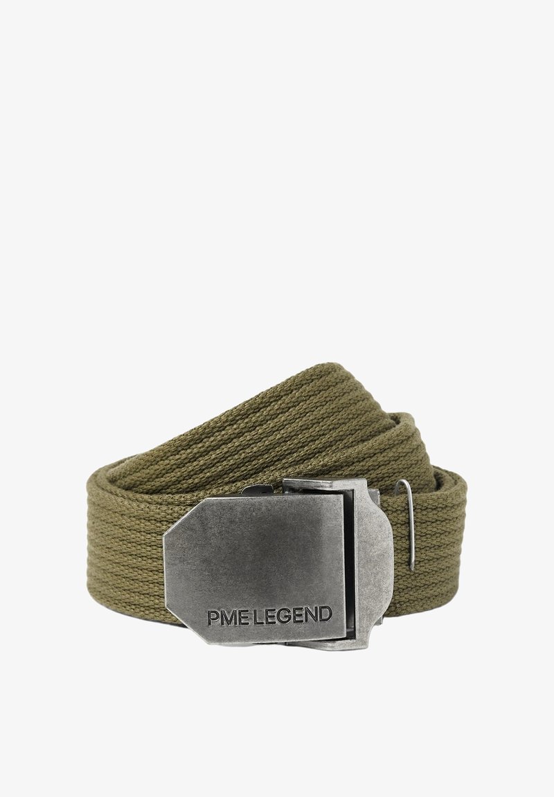 Ceinture en tissu tissé vert olive avec une grande boucle rectangulaire en métal brossé gravée de "PME LEGEND".