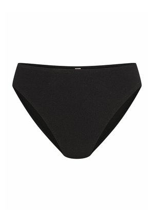 Czarny dół bikini z teksturowanej tkaniny, z wysokim stanem i regularnym pasem. Minimalistyczny design bez widocznych elementów metalowych czy akcentów.