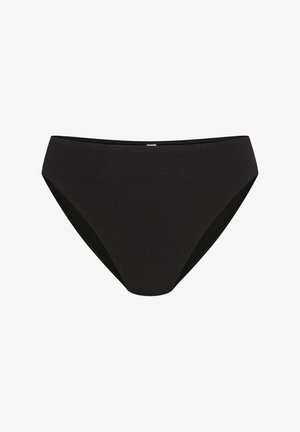 Czarny dół bikini z teksturowanej tkaniny, z wysokim stanem i regularnym pasem. Minimalistyczny design bez widocznych elementów metalowych czy akcentów.