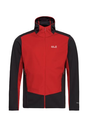 Rode en zwarte softshell jas met hoge kraag, ritssluiting aan de voorkant en zijzakken. Heeft een gladde textuur en een kleurblokontwerp.