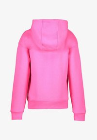 Roze capuchontrui, katoenen stof, comfortabele pasvorm, ribbelboorden en -zoom, kangoeroezak, zachte textuur, geen zichtbare patronen of accenten.