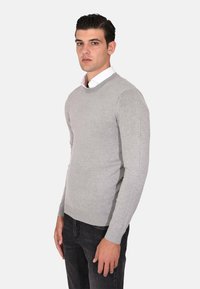 Maglione grigio chiaro realizzato in tessuto morbido, con scollo rotondo, polsini e orlo a costine, indossato sopra una camicia bianca con colletto, abbinato a jeans scuri.