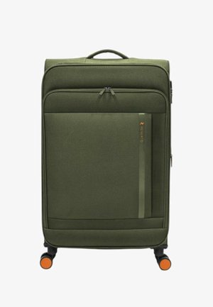 Valigia in tessuto verde con forma rettangolare, tasca frontale con cerniera, dettaglio con logo e ruote arancioni. Texture liscia e manico robusto.