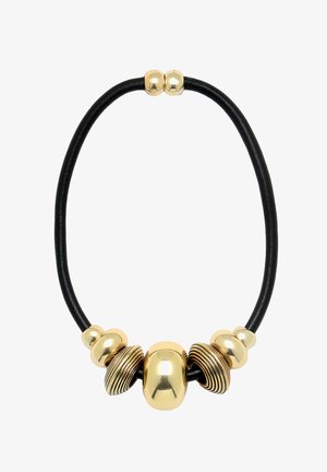 Black rubber necklace featuring gold metal accents. Includes three round beads, one ribbed, and one smooth domed shape.
