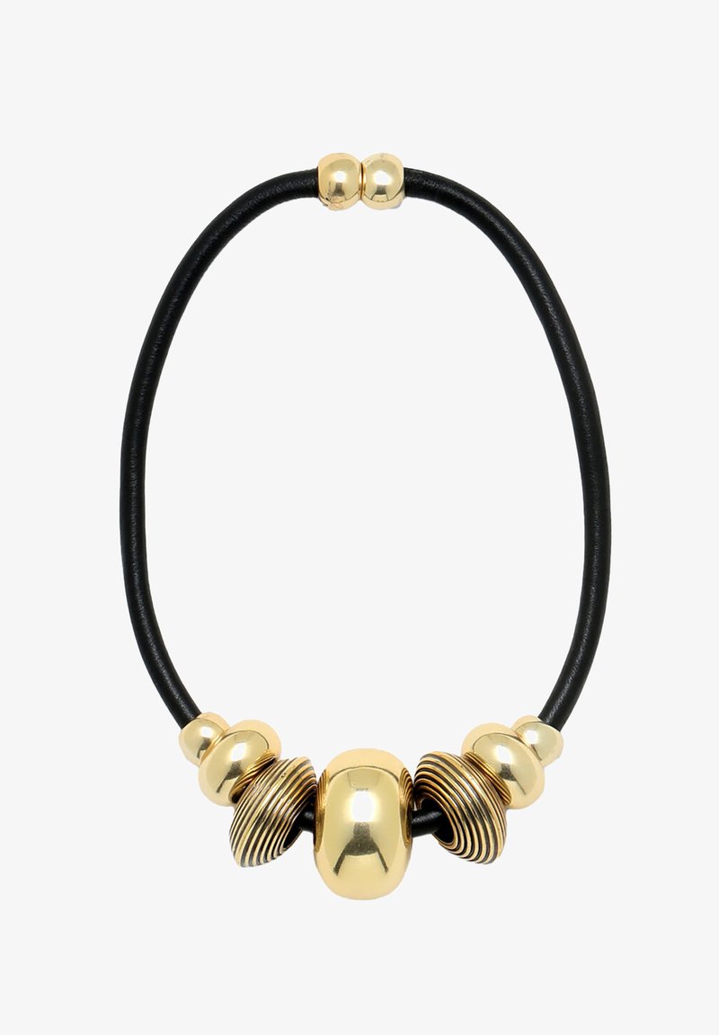 Black rubber necklace featuring gold metal accents. Includes three round beads, one ribbed, and one smooth domed shape.
