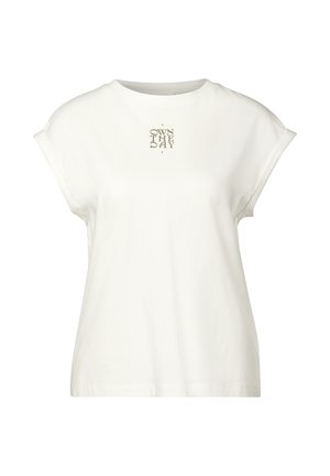 Valkoinen puuvillainen t-paita lyhyillä käärityillä hihoilla, jossa on keskellä pieni painettu teksti "OWN THE DAY" vastakkaisessa sävyssä.