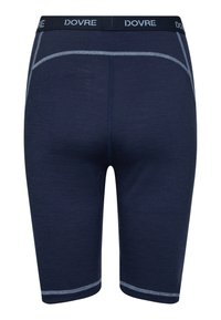 Marineblå cykelshorts med en glat tekstur, der har et DOVRE-logo på taljen og kontrasterende lys søm langs sømmene.