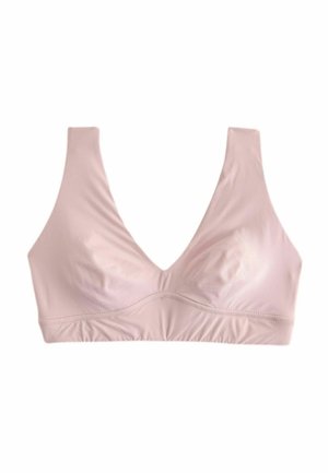 Miękki jasnoróżowy bezprzewodowy biustonosz z szerokimi ramiączkami i dekoltem w serek, zaprojektowany dla komfortu i lekkiego wsparcia.