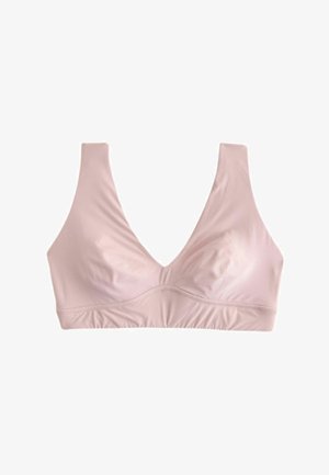 Měkká světle růžová bezdrátová podprsenka se širokými ramínky a výstřihem do V, navržená pro pohodlí a lehkou podporu.