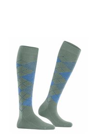 Calze fino al ginocchio verdi con motivo argyle blu chiaro e blu scuro. Realizzate in materiale morbido ed elastico con punta e tallone rinforzati.